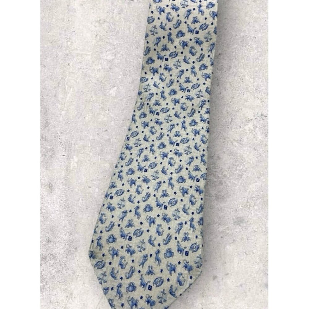 FENDI Silk Tie ITALY Ivory Blue Horoscope W:3.5" EUC - Picture 7 of 7